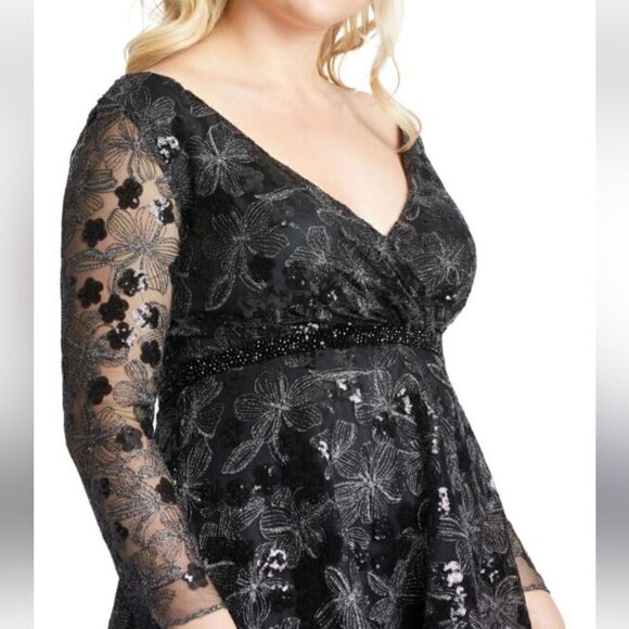 Mac Duggal 67541 Black Floral Sequin Long Sleeve Cocktail Dress| Size 16W - Picture 8 of 12